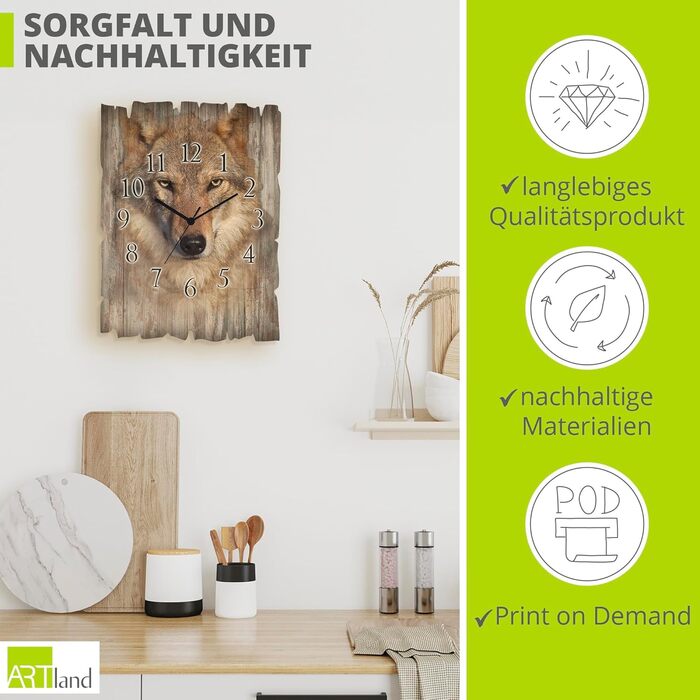 ARTLAND Wall Decor Wall Clock without Ticking Sounds, Wood, 30x40 cm, Rectangular, Silent, Nature, Animals, Forest Landscape, Original, Nordic, T5YP (Wolf, Radio Clock)