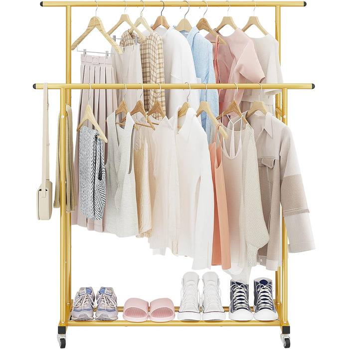 Clothes rack with double bar, rolling clothes rack, portable clothes rack for bedroom, living room, clothing store, gold
