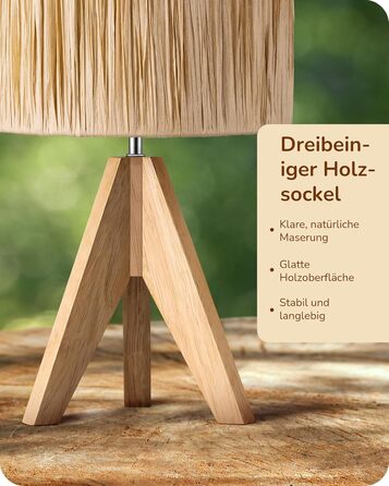 EDISHINE Настільна лампа з ручним плетінням, тепле світло 2700K, з дерев'яною підставкою, Boho стиль, для спальні, вітальні, готелю, з LED лампою E27 4W (рафія)