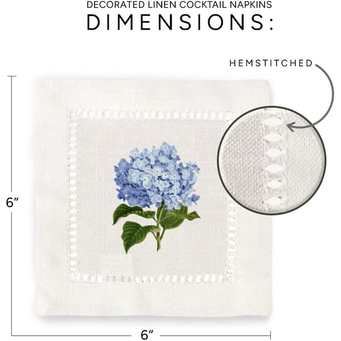 Jolitee Decorative Cocktail Napkins, 15.2 x 15.2 cm, washable, linen-like, cloth napkins, handcrafted for entertaining and everyday use (Hydrangeas)