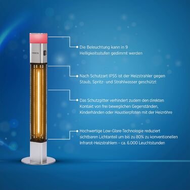 Електричний інфрачервоний обігрівач Arebos 1500W для тераси | з LED-підсвічуванням та пультом керування | Сріблястий колір | Обігрівач на вугільному інфрачервоному випромінюванні