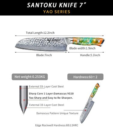 Японський ніж Сантоку 18 см Sanmuzuo Yao серія - ніж для кухні з дамаської сталі та дерев'яної ручки