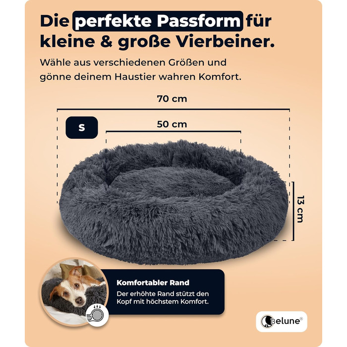 Belune® Лежанка для собак [знімний, пральний чохол] - Оригінал - [S, 70 см, Темно-сірий] Кошик для собак, ліжко для котів, лежанка для собак, собаче ліжко, пухнасте ліжко для великих, середніх та маленьких собак S (70 см) Темно-сірий