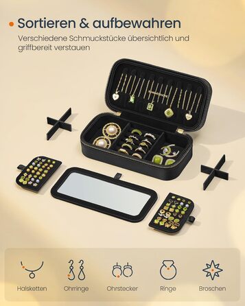 SONGMICS HOME ANAH: Скрінька для прикрас у дорогу, компактна скринька для ювелірних виробів зі дзеркалом, 10,5 x 10,5 x 6 см, PU з прошиванням, замок-блискавка, ідеальна ідея для подарунка, хмарно-білий колір