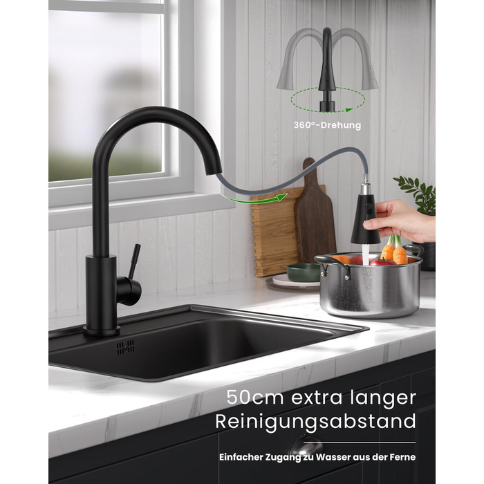 Кухонний змішувач DayOne з висувною лійкою, нержавіюча сталь SUS304, високий тиск, кухонний кран з 2 функціями, поворотний на 360°, для кухні (низький тиск, 247mb-niederdruck)