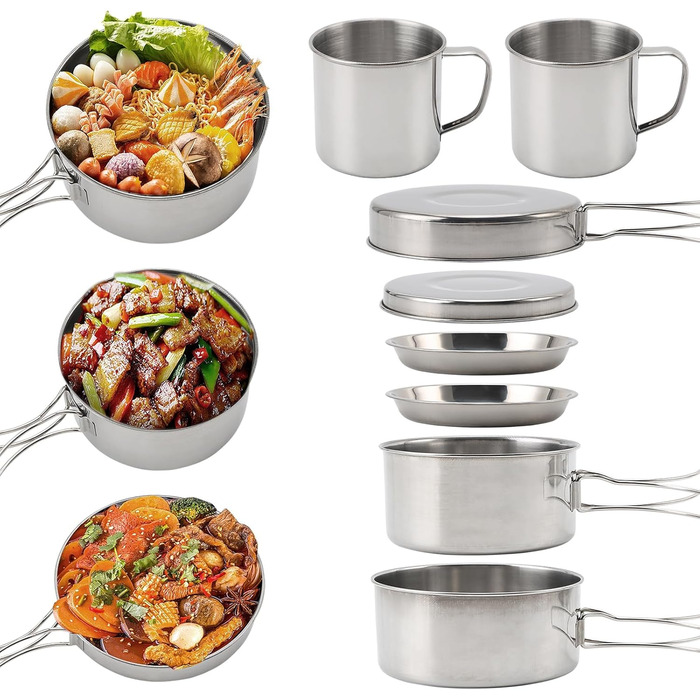 Набір кухонного посуду для кемпінгу, 8 предметів: каструля та сковорода з нержавіючої сталі, тарілки та чашки для відпочинку на природі, походів та рюкзакових подорожей. Легкий набір для приготування їжі в рюкзаку