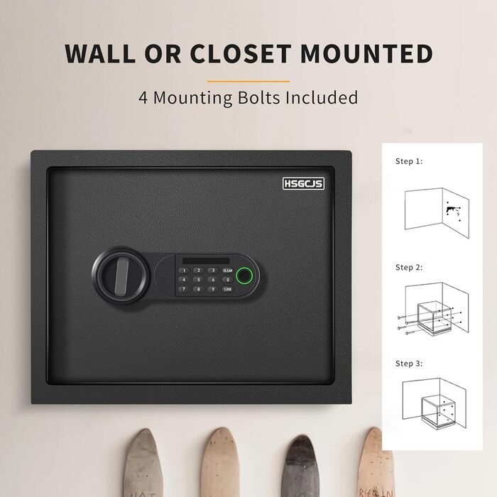 Сейф для дому з біометричним сканером відбитків пальців HSGCJS, 31 л, з паролем та клавіатурою, чорний