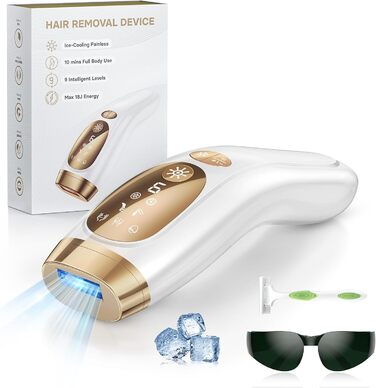 Пристрій для епіляції IPL з охолодженням, 9 рівнів потужності, 999900 імпульсів світла, безболісна епіляція вдома для обличчя, тіла, пахв та ніг (білий)
