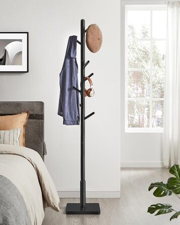 VASAGLE Coat Rack, Clothes Rack Solid Wood, Tree Shape Jacket Stand, 8 Hooks for Jackets, Hats, for Entryway, Hooks and Holding Rod made of Rubberwood, Cloud White RCR00W02 (Ink Black, 1)