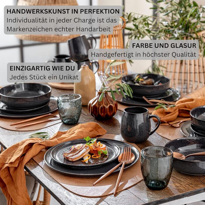 SÄNGER | Bali 24-Piece Dinner Set, Tableware Set for 8 People, Stoneware Plates, Dinnerware Set including Dinner Plates, Dessert Plates & Deep Plates, Dinner Plates, Table Service Dark Gray with Dark Grain. Bali Tableware Set 24 pcs.