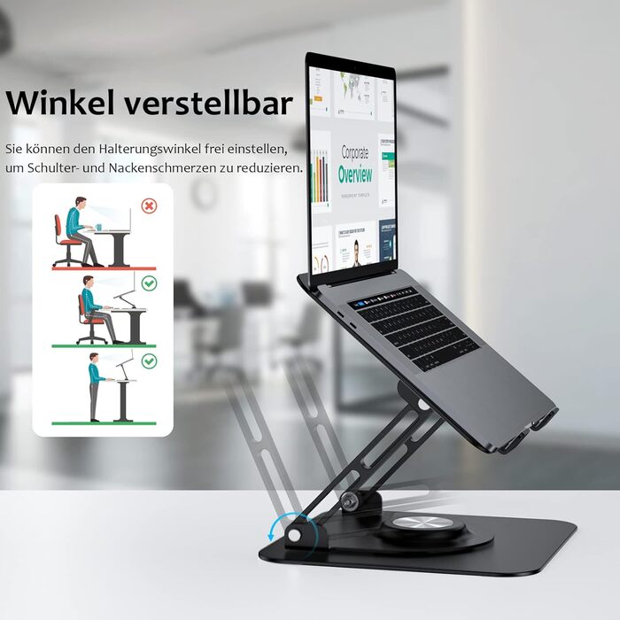 Підставка для ноутбука 360° з алюмінію, регульована по висоті, ергономічна, сумісна з MacBook/Dell/HP, срібна