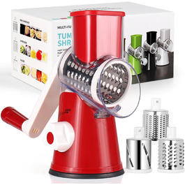 Ручна тертка для сиру та овочів Diealles Shine з 3 змінні леза з нержавіючої сталі, з кришкою, для сиру, овочів, горіхів, кабачків, моркви (червона)