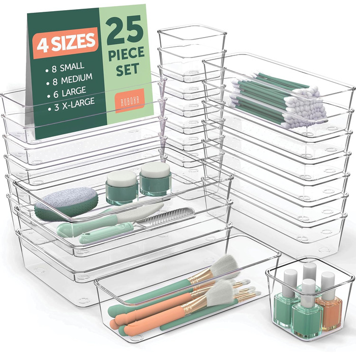 Ruboxa Transparent Drawer Organizer - 25 Pack, transparent plastic drawer organizers for home, organization and storage, kitchen, vanity, and office