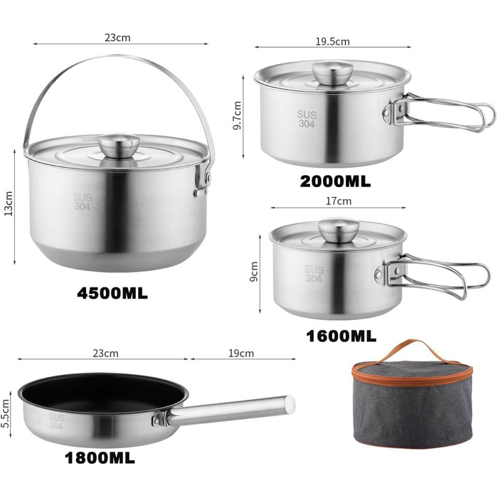 Набір кухонного посуду для кемпінгу, кухонний набір для відпочинку, каструлі та сковорідки для приготування їжі на вогнищі, містить дорожню сумку для 4-6 осіб