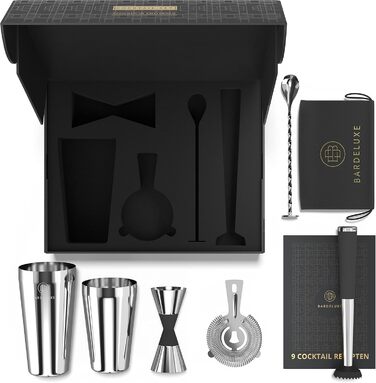 Набір бармена Boston Deluxe® 5 предметів: шейкер, аксесуари, рецепти - 750 мл, нержавіюча сталь, подарунковий