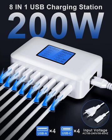 Зарядний пристрій RENGOGA 200W USB C GaN з 8 портами, LED дисплеєм, 65W USB-станція для iPad Pro/Air, MacBook, iPhone 16/15/14, Galaxy S24 - Білий