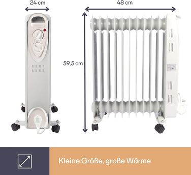 Масляний радіатор Perel 2500W з 11 ребрами, 3 режими, термостат, колеса, захист від перегріву та перекидання, тихий та енергоефективний для великих приміщень до 30 м²