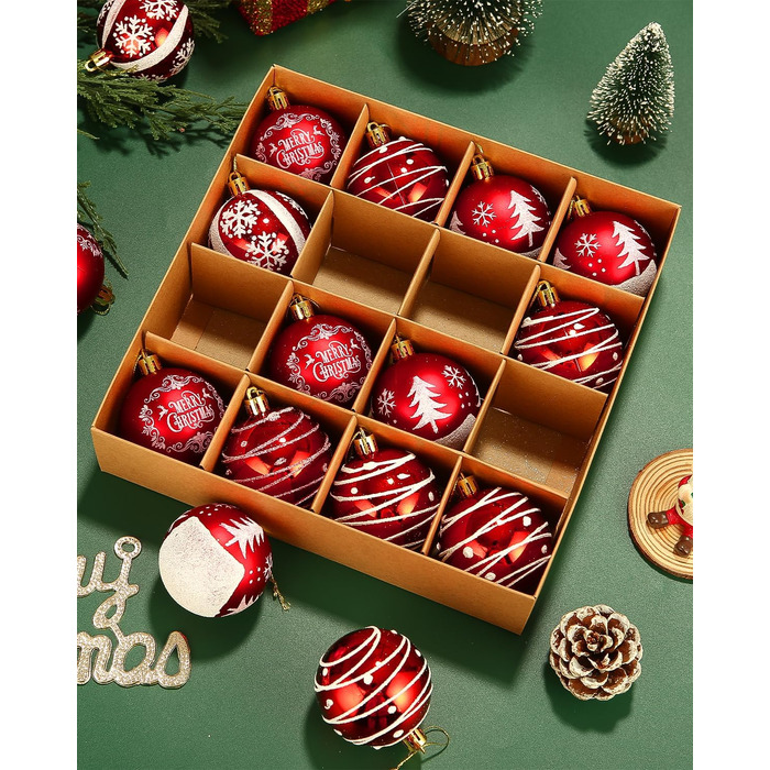 Кульки для ялинки з пластику червоно-білі, 16 шт. - прикраси для ялинки, різдвяний декор