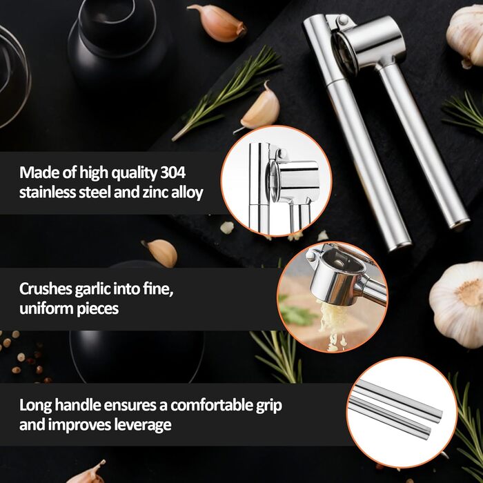 Пресс для часнику з нержавіючої сталі VINATO з очищувачем та щіткою для чищення, кухонний аксесуар для натискання та очищення часнику, придатний для миття в посудомийній машині