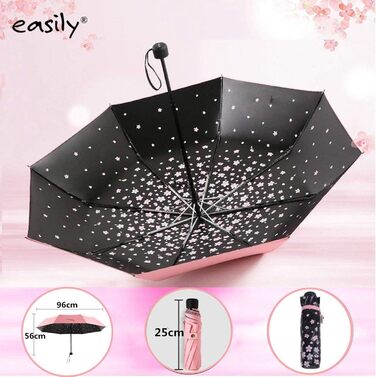 Зонт компактний, складаний, з UV-захистом, від Voy Lady – Рожевий, з квітковим малюнком (квіти сакури), діаметр у розкладеному стані 96 см