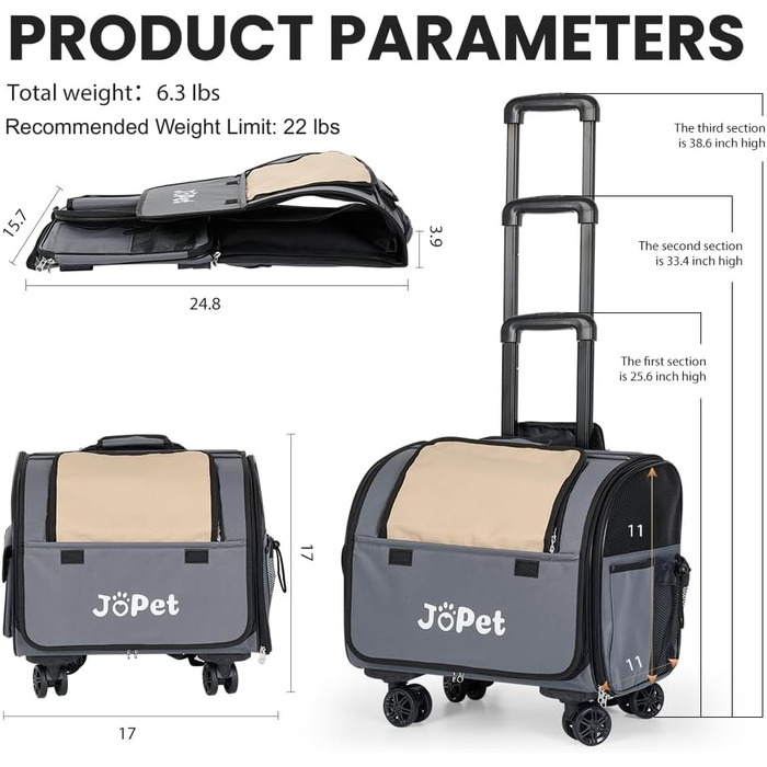 Сумка-переноска для тварин на колесах, рюкзак для собак та котів, сумка для подорожей, сіра