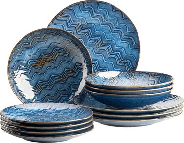 Набір тарілок MÄSER Aquamarine (12 шт.) з якісної кераміки: великі, супові та десертні. Керамічний посуд для 4 осіб, блакитний колір, з візерунком.