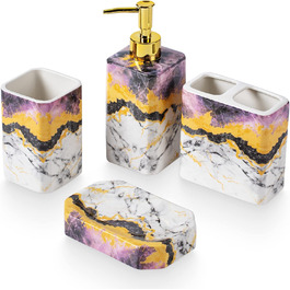Набір аксесуарів для ванної кімнати (4 шт) – білий набір з дозатором для лосьйону, тримачем для зубних щіток, склянкою та мильницею – глянсова поверхня (мармур, білий) (фіолетовий)