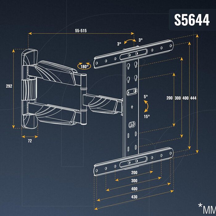 Настінний кріплення для телевізора RICOO S9544: поворотний, нахильний, універсальний, 40-65 дюймів, VESA 400x400, до 45 кг