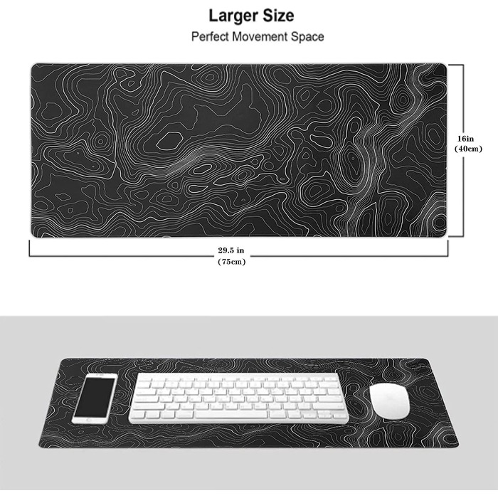 Великий килимок для миші AQQA (88,9 x 43,2 см) з топографічною картою, для геймінгу та офісу, чорний