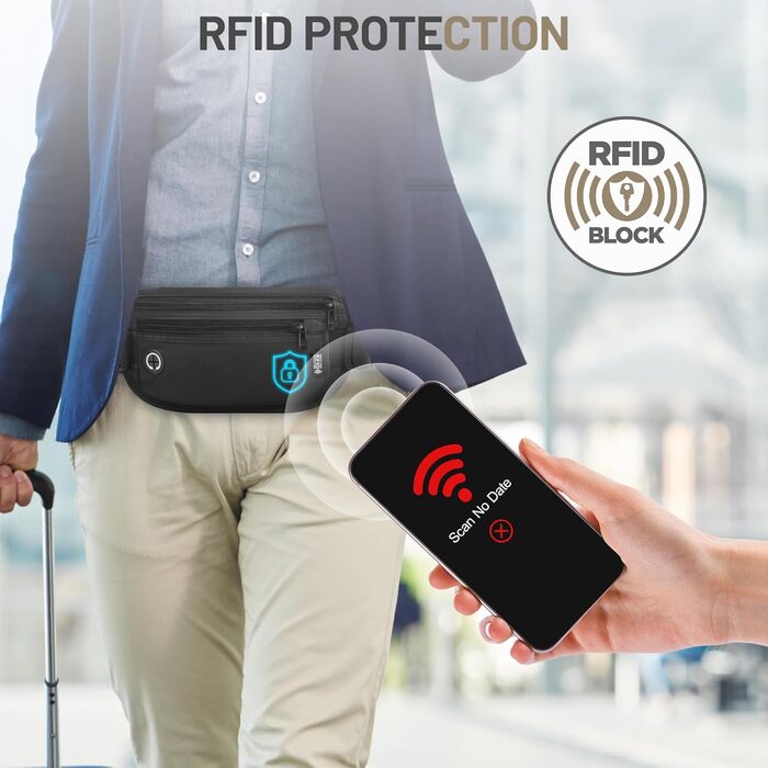 Водонепроникна поясна сумка з RFID захистом та антикрадійним замком для подорожей та спорту (Чорний)