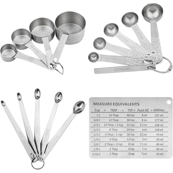 Smithcraft Measuring Cup and Spoon 16-Piece Set, 18/8 Stainless Steel, 4 Cups + 10 Spoons + 1 Leveler + 1 Equivalent, Silver