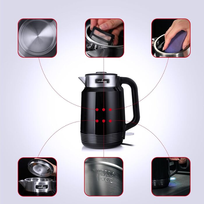 Електричний чайник LEHMANN з нержавіючої сталі 2L, 2200W, швидке нагрівання, подвійні стінки, автовимкнення та захист від перегріву, BPA-free, для великих сімей та офісів, чорний