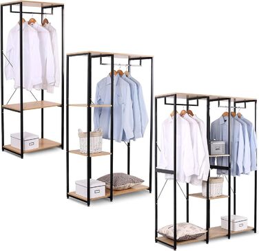 WOLTU XXXL Clothes Rack Freestanding with Shelf, Clothes Rail Wardrobe, Open Clothes Rod with Shoe Shelf for Bedroom, Wood and Steel, Black + Light Oak