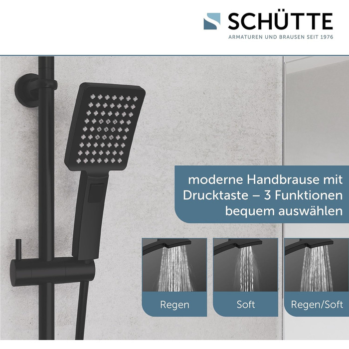 Schütte Shower Set MALLORCA Shower Column with Large Rain Shower Head, Hand Shower with 3 Jet Types, Shower System without Faucet, Matte Black