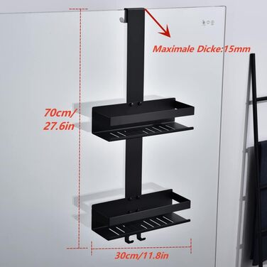 HomeHeng Hanging Shower Shelf, 2-Tier Hanging Shower Caddy Matte Black, SUS304 Stainless Steel Double Shower Basket with Hooks for Glass Shower Enclosure, H30MB-2DH
