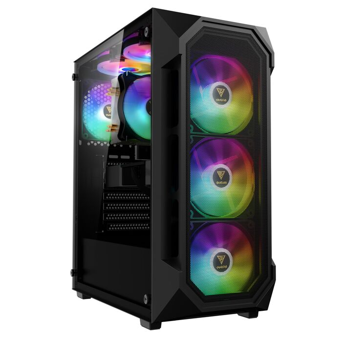 Корпус для ПК GAMDIAS Aura GC1 Elite ARGB Midi-Tower: сітка для високої циркуляції повітря, 4 x 120 ARGB вентилятори, скляна панель, підтримка синхронізації материнської плати, чорний