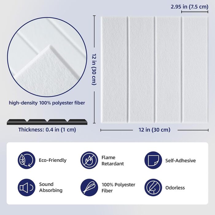 Акустичні панелі Vieshful самоклеючі від шуму з фетру, 30x30x1 см, білі (10 шт) — звукопоглинаючі плити для стін, студії, дому та офісу