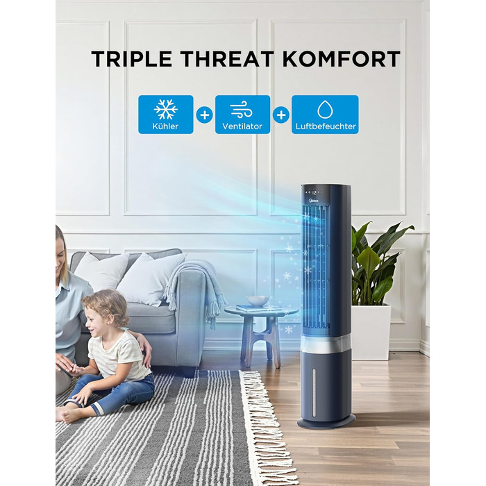 Мобільний охолоджувач повітря Midea Sensicool з 7л резервуаром для води | Без шлангів | 2000 м³/год, 6 швидкостей, сенсорне керування (Блакитний)