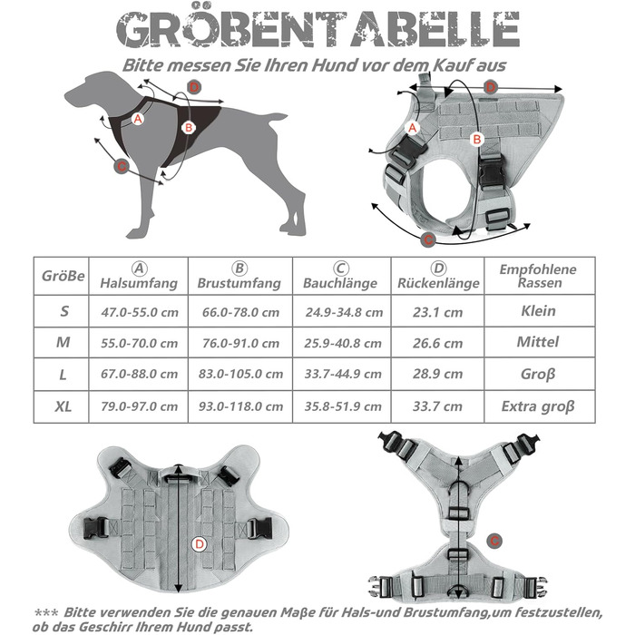 Шлейка для собак Rabbitgoo для великих собак без натягу, тактична, з MOLLE, металеві пряжки, дихаюча, військова, регульована, з підкладкою, L (1 шт., сіра)