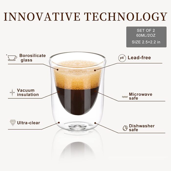 Набір чашок для еспресо ParaCity (2 шт.), скляні чашки для лате макіато 180 мл, з подвійними стінками та ручками, прозорі чашки для капучино, для подорожей та кемпінгу, підійдуть для кави, чаю та лате