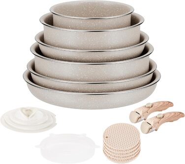 Набір каструль та сковорідок RIOVARM з індукційним дном та знімними ручками, з антипригарним покриттям з граніту, складаний, з силіконовими кришками, без PFOA, 6 предметів