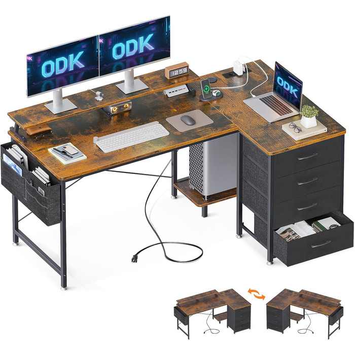 Кутовий письмовий стіл ODK L-подібний 140x80x84.7 см, з 4 шухлядами та полицею для монітора, реверсивний, з 2 USB-портами та 2 розетками, для домашнього офісу, коричневий