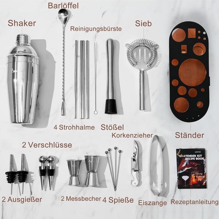 Набір бармена на 23 деталі з підставкою | Набір шейкерів для коктейлів з інструментами: шейкер Мартіні, сито, ложка, мадлер, для дому, бару, вечірки (колір коричневий)