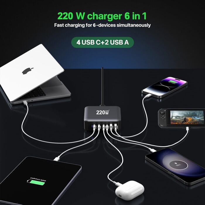 Зарядний пристрій USB-C 200W, 8 портів, GaN адаптер для MacBook Air/iPad/iPhone 15/16/Galaxy S23 - Чорний