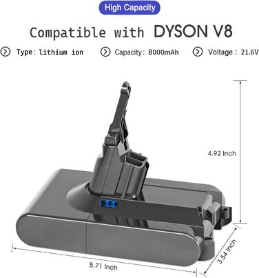 Замінна батарея 8.0Ah для пилососа Dyson V8 (6000mAh, Li-Ion, сумісна з моделями Absolute, Animal, Fluffy, Motorhead, Total Clean, Extra, SV10)