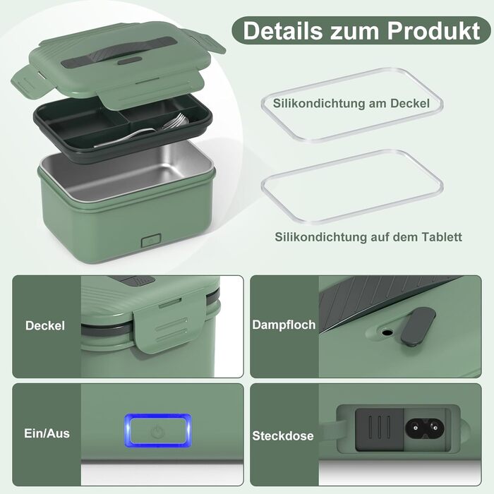Vabaso 100W Electric Lunch Box for Adults, Thermal with Cutlery and Insulated Lunch Bag, 12/24/110V~230V, Leak-Proof, 1.8L Large Container, Food Container with Compartments for Car, Truck, Home