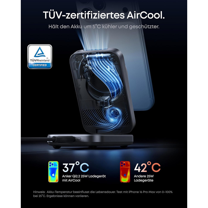 Зарядна станція Anker Prime 3-in-1 Qi2 25W з системою охолодження AirCool, бездротовий зарядний пристрій, чорний