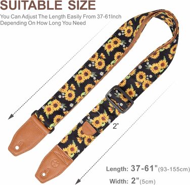 Гітарний ремінь 5,1 см з бавовняним друком, квітковий принт, з повним шкіряним кінцем, для бас-гітари, електро- та акустичної гітари, безкоштовна кнопка для ременя, фіксатори для ременя та медіатори. Жовті ромашки