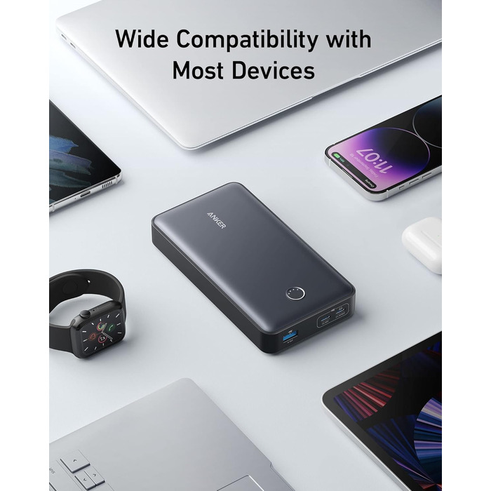 Powerbank Anker 537 PowerCore 24K (65W) - 24000mAh, чорний. Сумісний з MacBook Pro, Dell XPS, iPad Pro, iPhone, iWatch