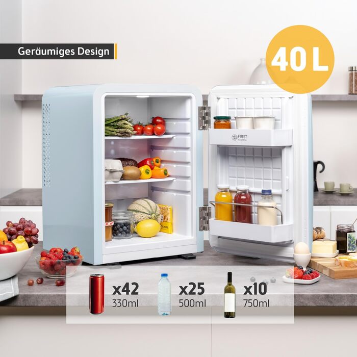 Холодильник мініатюрний TZS First Austria Retro 40L, блакитний. Безшумний, з підсвіткою та 2 полицями. Ідеально для кемпінгу, офісу, спальні, готелю.